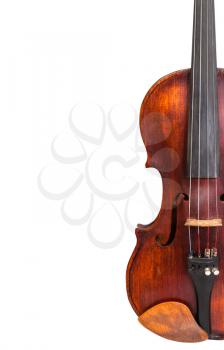 half of old fiddle isolated on white background and empty copyspace