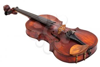 old fiddle with wooden chinrest isolated on white background
