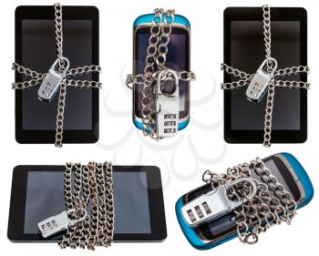 set of mobile devices wrapped by chain and closed by combination lock