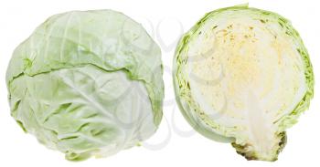 whole and half of fresh cabbage head isolated on white background