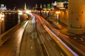 above view of Kremlin embankment in Moscow in night