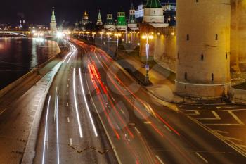 night traffic lights on Kremlin embankment in Moscow