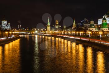 illuminated Moskva River and Kremlin in Moscow city in night