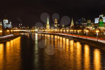 illuminated Moskva River in Moscow city in night