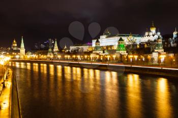 illuminated of Kremlin and Sofiyskaya embankments of Moskva River in Moscow in night