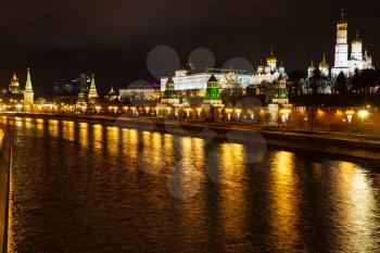 view of Kremlin, embankment, Moskva River in Moscow in night