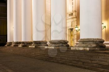 column of Bolshoi Theater on Teatralnaya square in Moscow in night
