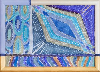 abstract hand-painted blue geometric pattern by acrylic paints in painted wooden frame