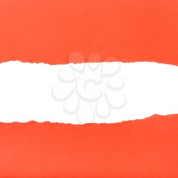 splitted halves of the sheet of red ripped paper on white background