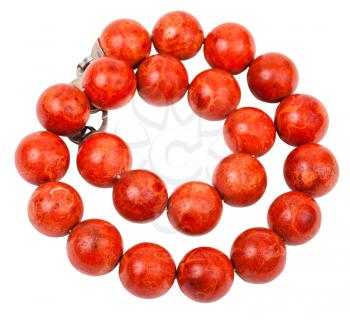 tangled necklace from red coral beads isolated on white background