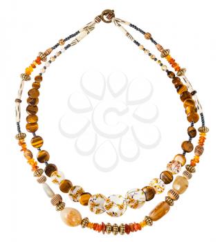 round necklace from natural amber, tiger's eye, bone, nacre, agate beads isolated on white background