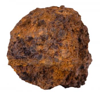 macro shooting of specimen natural rock - piece of brown limonite (bog iron ore) mineral stone isolated on white background