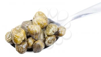 pickled capers in spoon isolated on white background