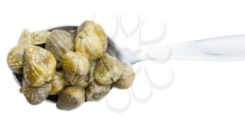top view of pickled capers in spoon isolated on white background