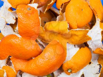 dried peels of oranges and mandarins close up in blue glass bowl