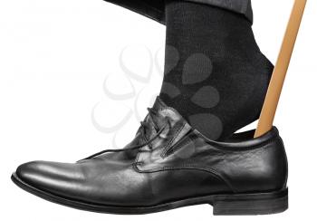 man puts on black shoe with shoehorn isolated on white background