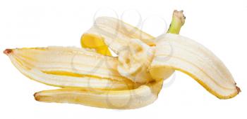 half yellow banana in the peel isolated on white background