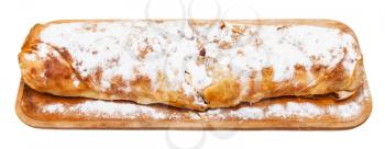 typical austrian dessert apple strudel on wooden board isolated on white background
