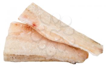 two pieces of frozen zander (pike-perch) fish fillet isolated on white background