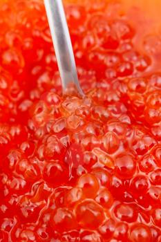 spoon in blueback salmon fish salty red caviar close up