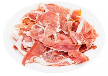 thin sliced uncooked jerked pork on white plate isolated on white background