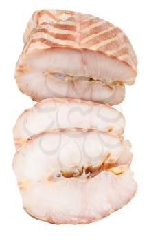 top view of two slices and piece of hot smoked stellate sturgeon fish isolated on white background