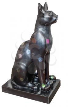 side view of modern hand made ceramic replica of cat statue from Ancient Egypt isolated on white background