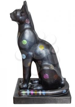 profile view of modern hand made ceramic replica of cat statue from Ancient Egypt isolated on white background
