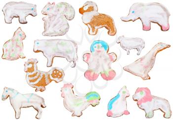 homemade Christmas festive glazed gingerbread cookie - set of figure cookies isolated on white background