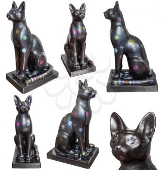 set of various views of modern hand made ceramic replica of cat statue from Ancient Egypt isolated on white background