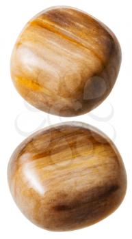 natural mineral gem stone - two tigers eye gemstones isolated on white background close up