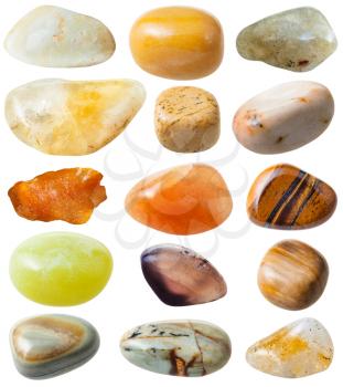 natural mineral gem stone - set from 15 pcs yellow and brown gemstones isolated on white background