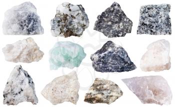 macro shooting of specimen natural rock - set of 12 mineral stones isolated on white background