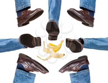 male legs in jeans and brown shoes take steps isolated on white background