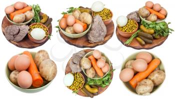 set with boiled ingredients to cook russian salad isolated on white background