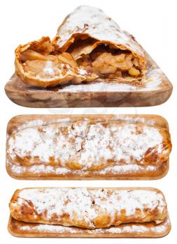 set from apple strudel on wooden board isolated on white background
