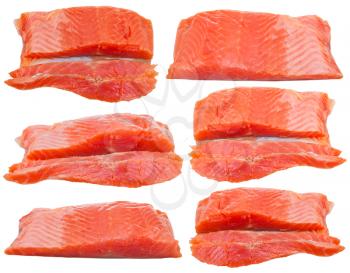 set from slightly salted trout red fish fillet pieces isolated on white background