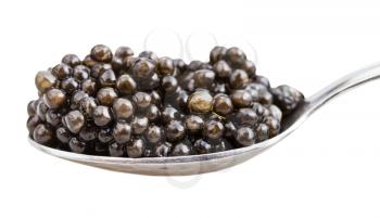 side view of spoon with black sturgeon caviar isolated on white background