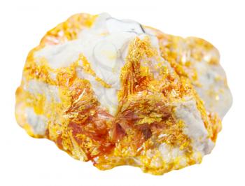 macro shooting of collection natural rock - crystals of Orpiment mineral stone on dolomite isolated on white background