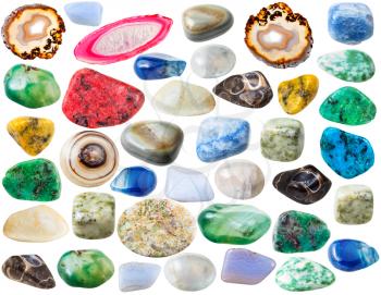 macro shooting of collection natural stones - various agate ( lace, blue, moss, banded, dendritic, moss , turitella, red, green, blue, gray, tinted, etc) gem stones isolated on white background