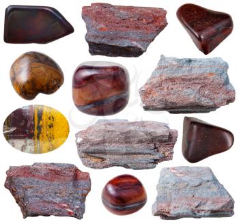 set of natural mineral gemstones - various ferruginous quartzite (jaspillite) gem stones and rocks isolated on white background