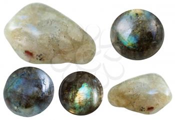 macro shooting of collection natural stones - various tumbled and cabochon labradorite gem stones isolated on white background