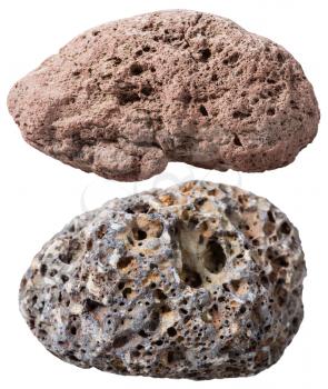 two pebbles from pumice natural volcanic stones isolated on white background