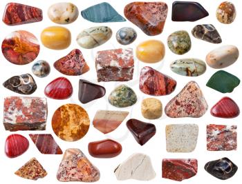 natural mineral gemstones - various jasper gem stones and rocks (brecciated, red, sand, yellow, picture, Ocean, Orbicular, Green Rhyolite, Rainforest, turitella, etc) isolated on white background