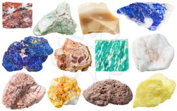 set of different mineral rocks and stones - jasper, talc, flint, lazurite, azurite, bauxite, amazonite, marble, granite, Orpiment, pumice, sulfur gem stones isolated on white background