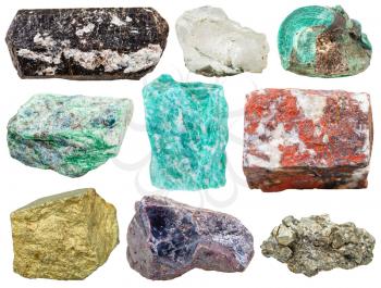 set of various mineral rocks and stones - Tourmaline Dravite, rock crystal, Malachite, Fuchsite, amazonite, jasper, Chalcopyrite, Cuprite, pyrite gem stones isolated on white background