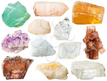 various transparent mineral rocks and stones - calcite, ,quartz, amethyst, chalcedony, rock-crystal , magnesite, iceland spar, Aragonite, muscovite, gypsum gem stones isolated on white background
