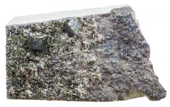macro shooting of natural mineral stone - green epidote crystals on rock isolated on white background