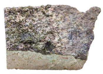 macro shooting of natural mineral stone - green epidote crystals on stone isolated on white background