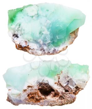 macro shooting of natural mineral stone - two pieces of Chrysoprase (chrysophrase, chrysoprasus, green chalcedony) crystalline gemstones isolated on white background